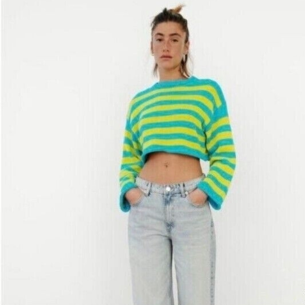 Zara Striped Distressed Knit Cropped Sweater Size: Small - Picture 2 of 7